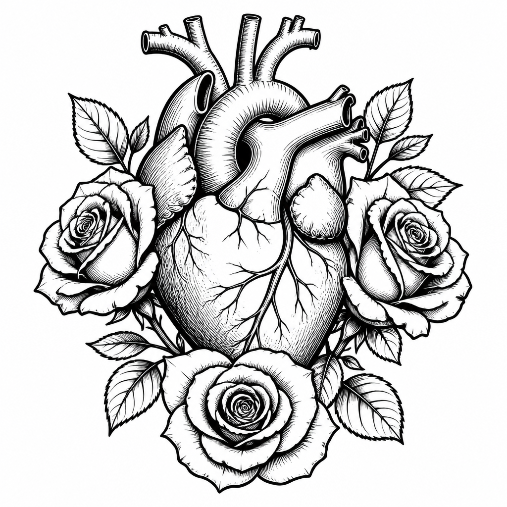 Traditional rose tattoo — an anatomical human heart with roses