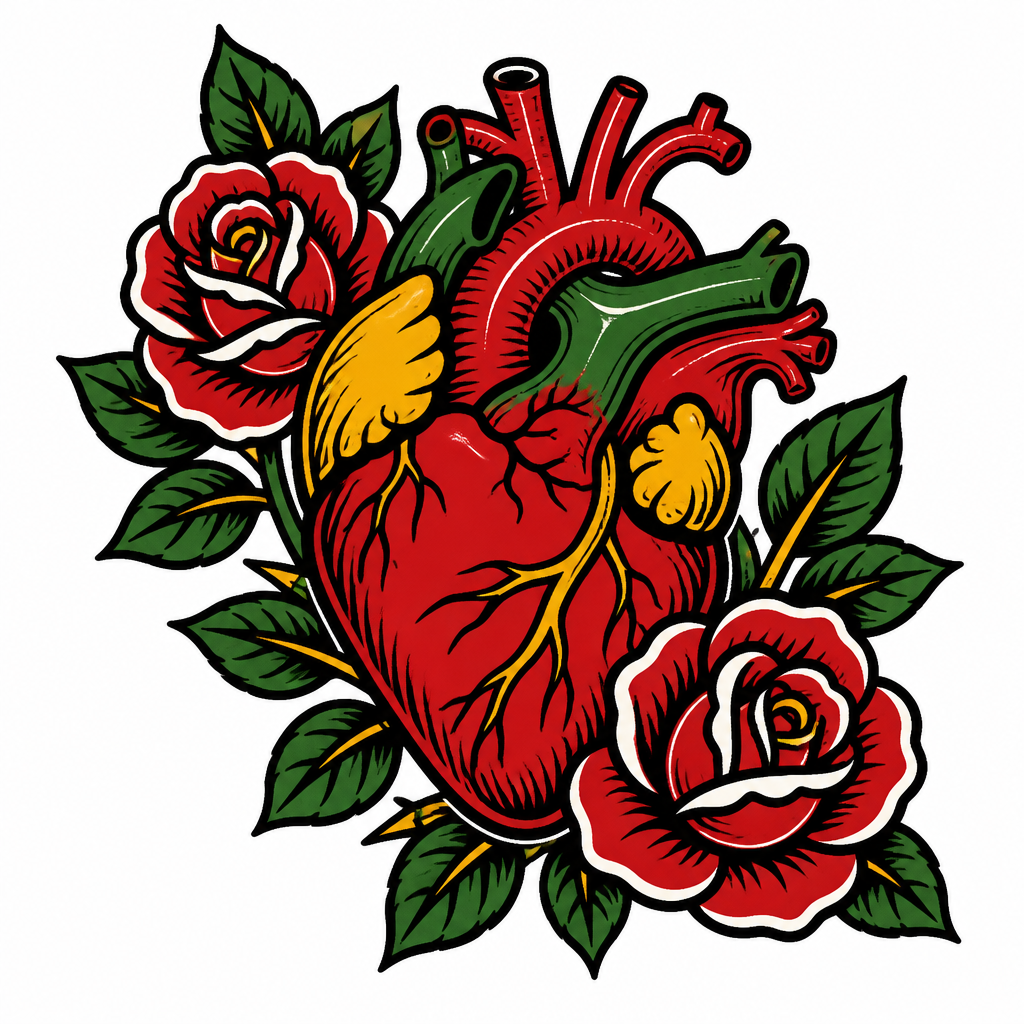 American Traditional style tattoo design of an anatomical human heart with roses, black-ink stencil on white background