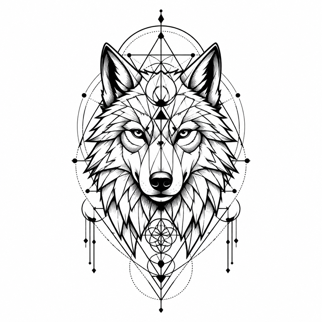 geometric tattoo of a geometric wolf with sacred geometry patterns