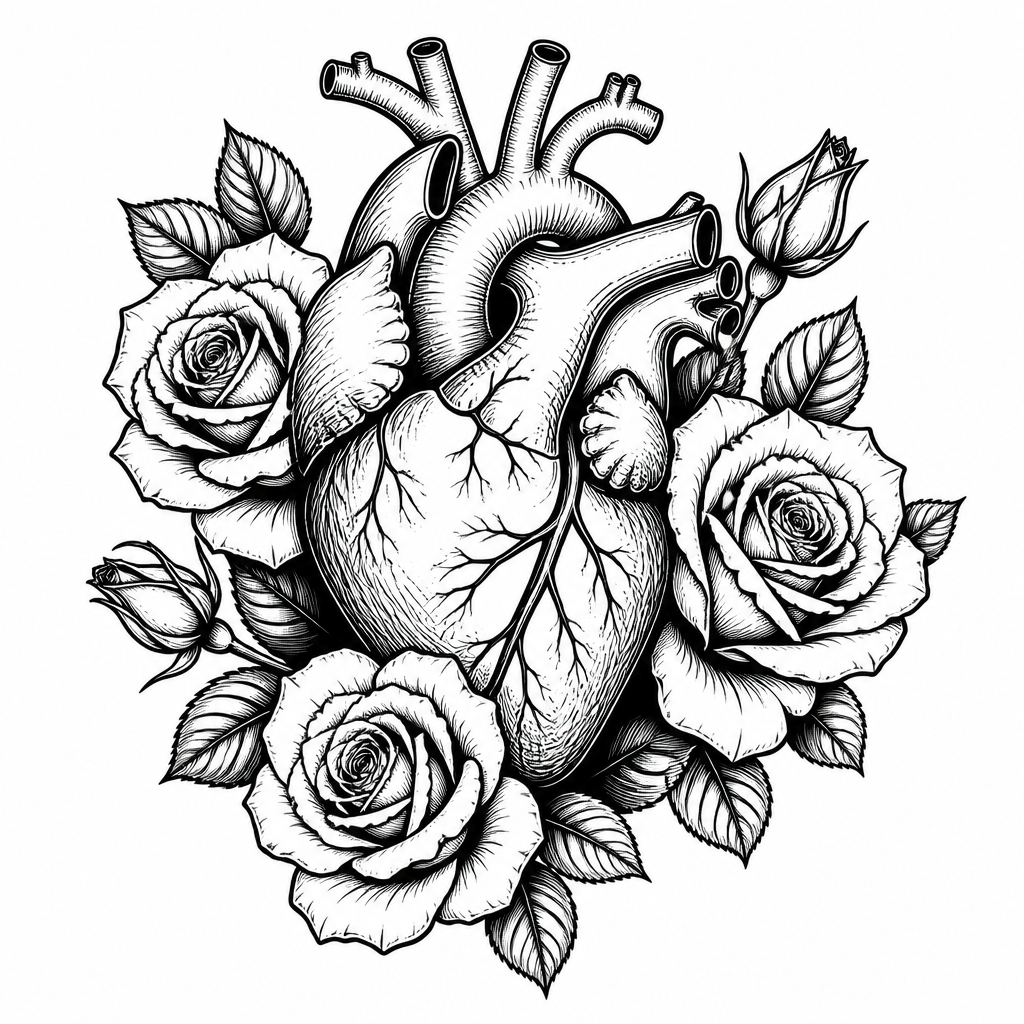 Traditional rose tattoo — an anatomical human heart with roses