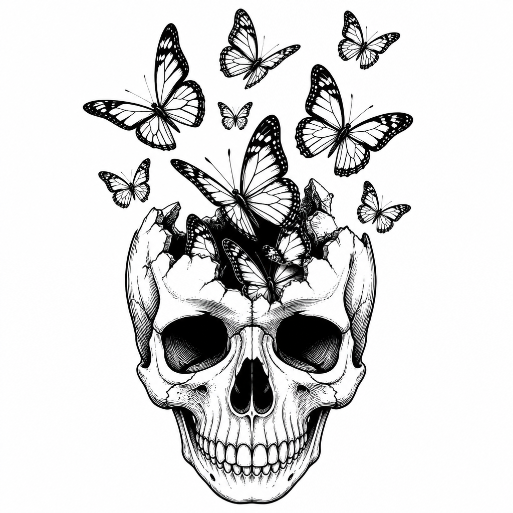 Surreal with tattoo — a skull with butterflies emerging from it